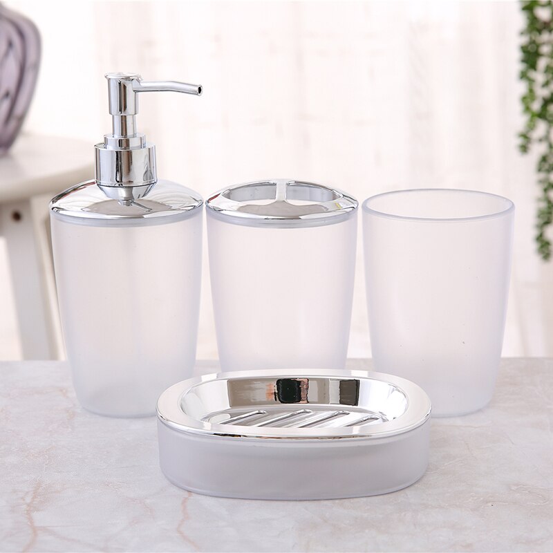 4 Stks/set Badkamer Accessoires Frosted Plastic Zeepdispenser Fles Zeepbakje Cup Tandenborstelhouder Set: WHITE