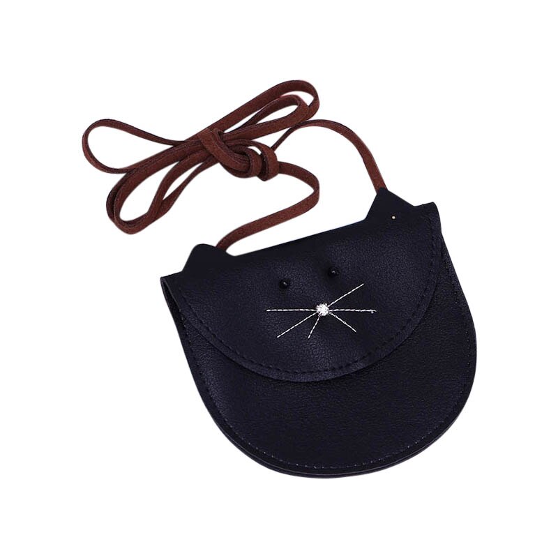 Sac à bandoulière en cuir pu pour enfants et filles, joli sac à main avec motif chat: Noir