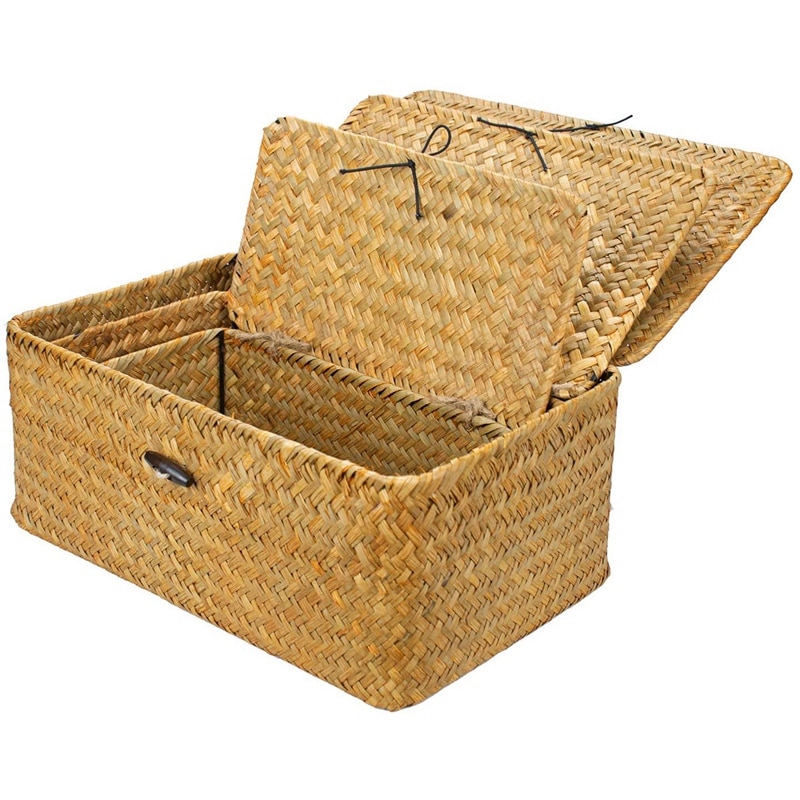 Woven Wicker Storage Bins with Lid - Set of 3 - Rectangular Seagr Basket/Storage Basket For Shelf Organizer