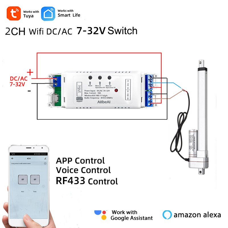 Controlador de Motor de actuador lineal eléctrico Tuya Smart Wifi, interruptor de 2 canales DC AC 12V 24V 32V, control remoto RF433, relé de módulo de pulso de 2 canales