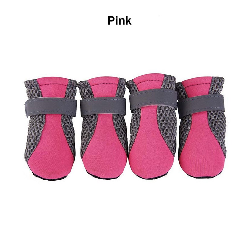 4Pcs Dog Shoes Anti-slip wet Boots Winter and Autumn Paw Protector Reflective Straps Dog Chihuahua Teddy Net Shoes: Pink / XL