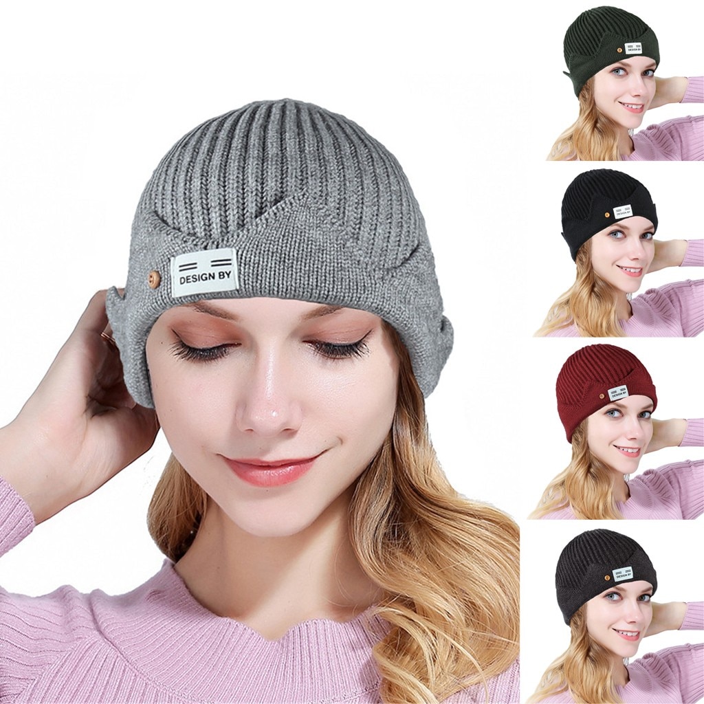 Women Soild India Stretch Turban Hat Button Wool Hair Loss Head Scarf Wrap Autumn Winter Warm Earmuff Colorful Crown Caps