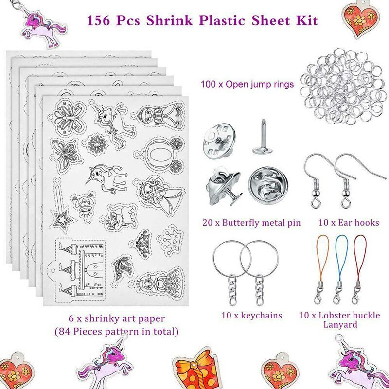 Llaveros de plástico termorretráctil para manualidades, juego con hojas de papel, accesorios para manualidades, 156 Uds.