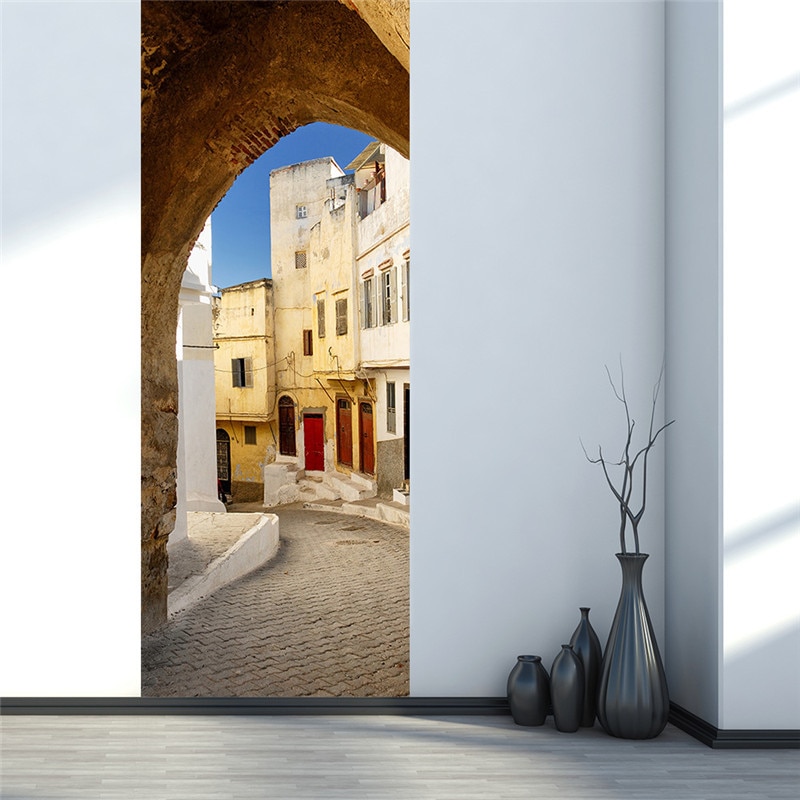 Europäischen Stadt Streets Szene Tür Aufkleber Europa Stil Home Tür Abziehbilder PVC Selbst-Adhesive Wand Aufkleber