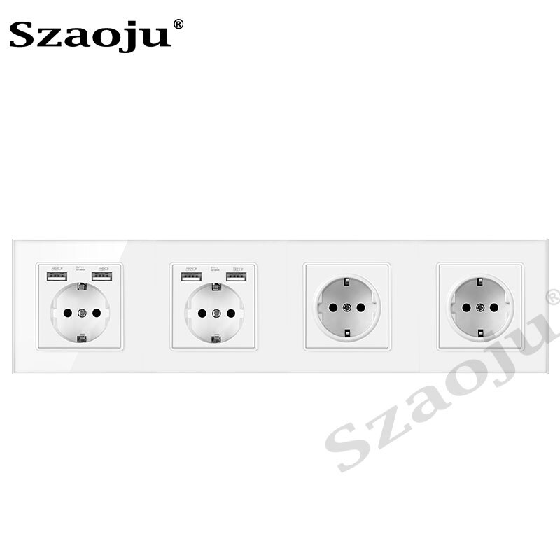 Szaoju wall socket German standard 16A crystal tempered glass panel socket Siamese power socket with USB charging AC110-250V: German 2USB 2jack