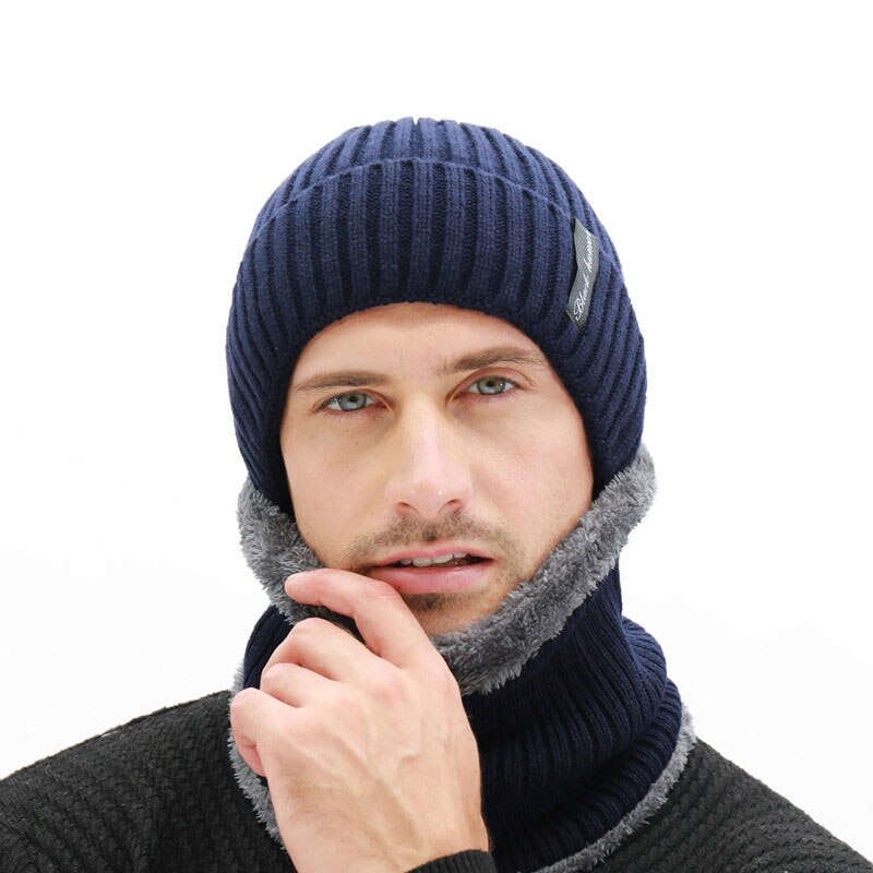 Frauen Mützen Hüte Schal einstellen Winter Hüte Für Männer Frauen Warme Wolle Rippen Gestrickte Kappe Und Schals Anzug Männlich Schwarz motorhaube Skullies: Marineblau