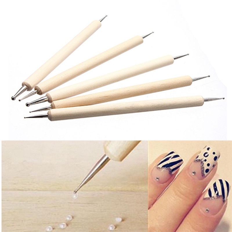 5 Pcs 2 Manieren Houten Puntjes Pen Marbleizing Tool Nail Art Schilderij Dot Puntjes Gereedschap