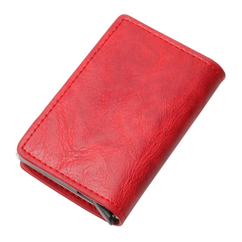 Anti-rfid visitekaartjeshouder rood/zwart/geel/bruin/blauw pu leer + legering creditcardhouder hoesje kaarten komen automatisch omhoog