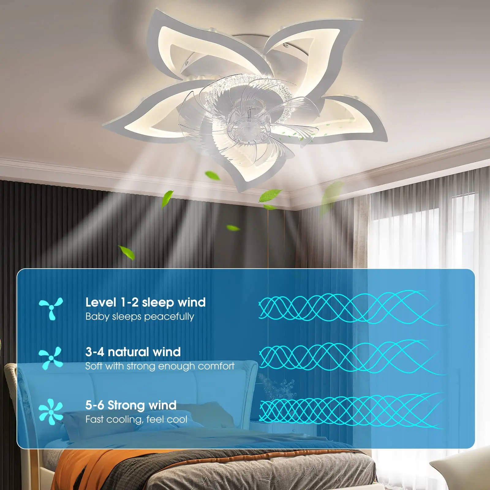 IRALAN-ventilador de techo con luces, lámpara moderna con forma de flor regulable, Control remoto/aplicación, temporizador, 6 velocidades