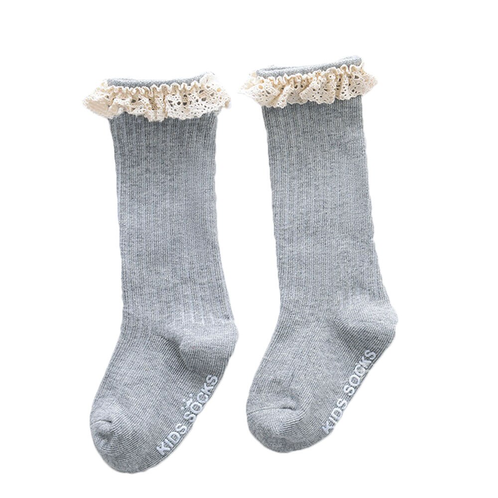 Baby Meisjes Sokken Peuters Meisjes Grote Boog Knie Hoge Lange Zachte Katoenen Kant Babysokjes Strik 100% Katoen sokken: Lacy gray / M   2-4T