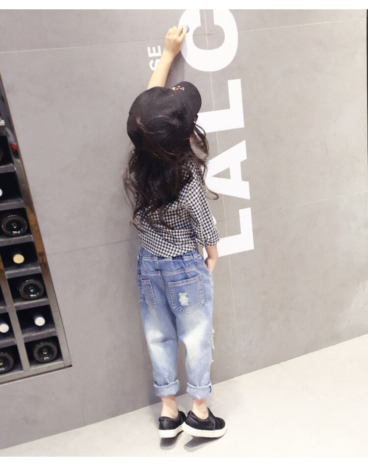 Children kids broken hole jeans Children Clothes spring Korean girls jeans wild girls denim trousers