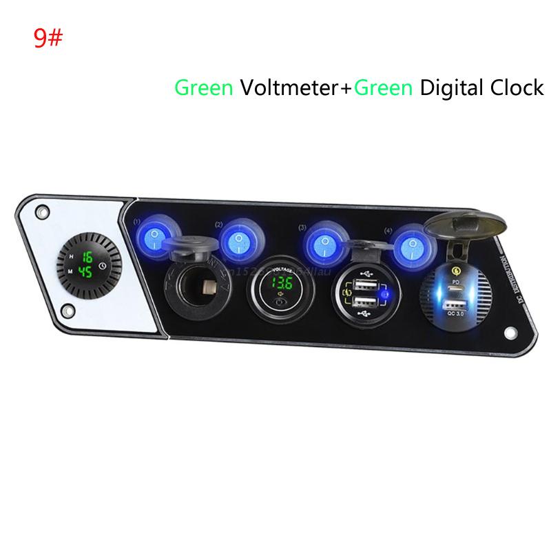 Multifunctional RV Phone Charger 12-24V PD QC3.0 Charging Socket with Voltmeter Digital Clock with 4 Switch: 9
