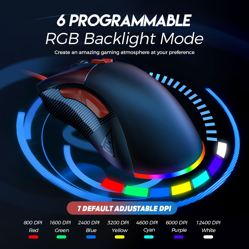 EKSA – souris de jeu EM500 RGB, 12400 DPI, 1000Hz, légère, filaire, USB, 8 boutons programmables, pour ordinateur PC et portable