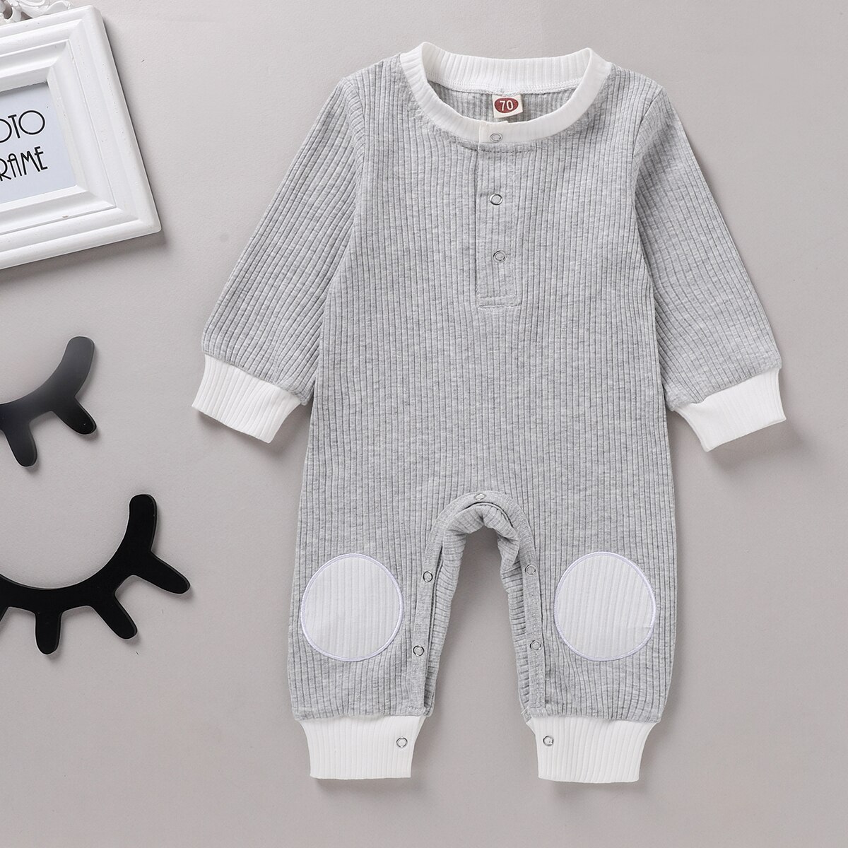 Mise au point automne bébé garçons barboteuse filles solide Patchwork manches longues bouton combinaisons 0-18M 4 couleurs