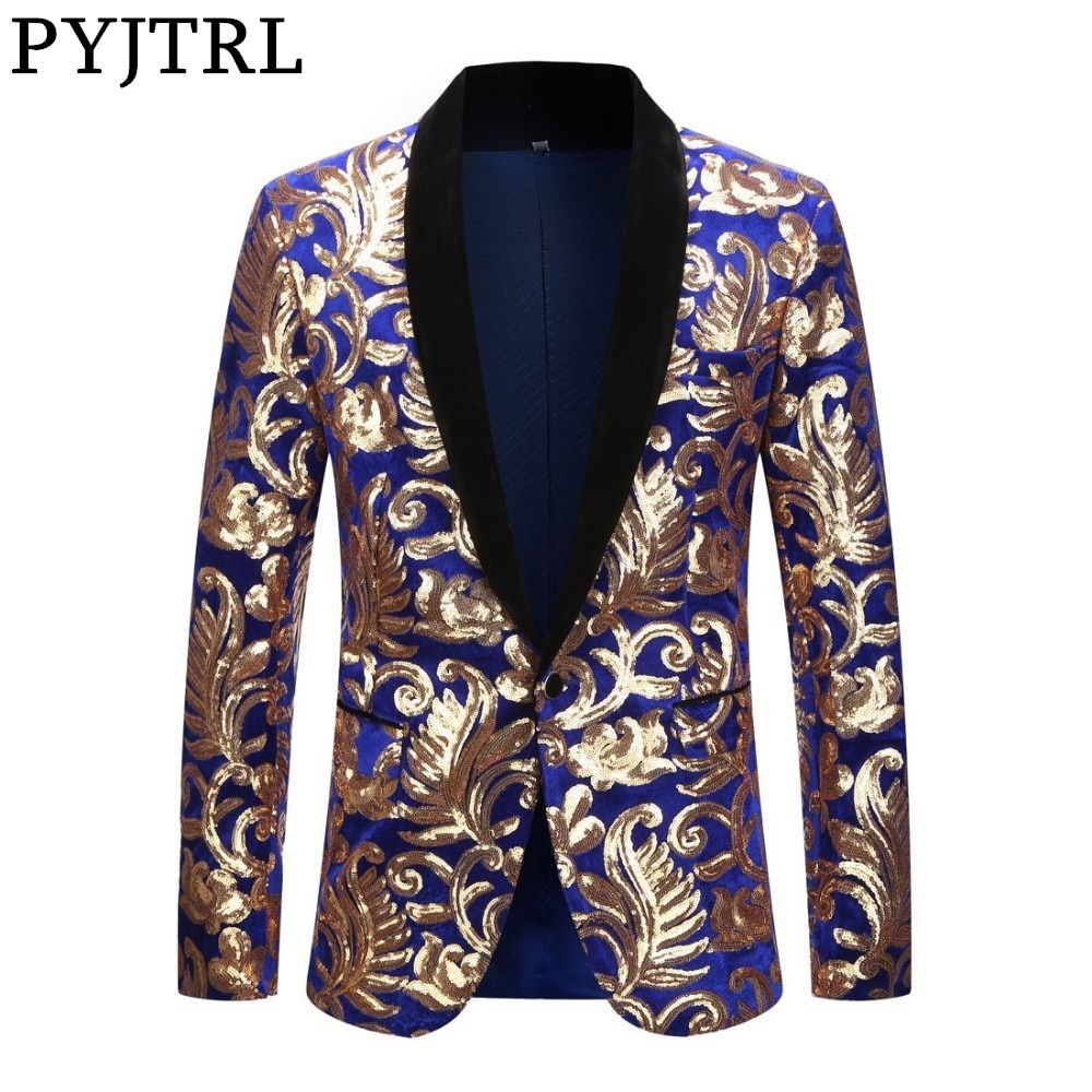 PYJTRL-Chaqueta de terciopelo de lentejuelas para hombre, chal de con solapa Floral, lentejuelas, Azul Real, ajustado, para cantante de escenario