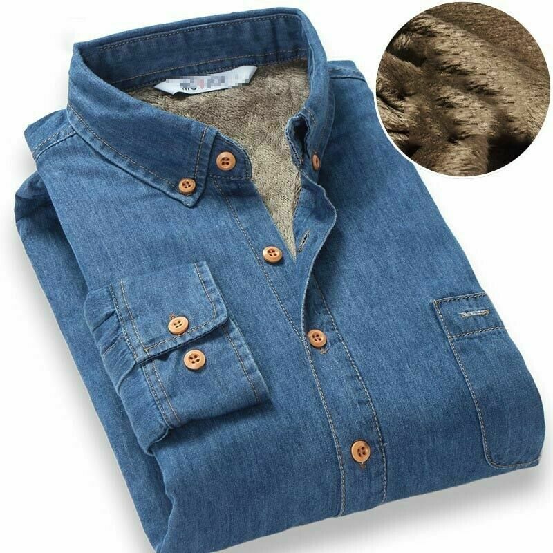 Herre vinter jeans skjorte varm fleece foret fløjl denim skjorter bundskjorte dd: Jean blue / M