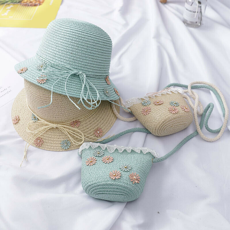 Girls Kids Beach Princess Cute Bucket Flower Cap Straw Sun Hat+Shoulder Handbag Bag Set US