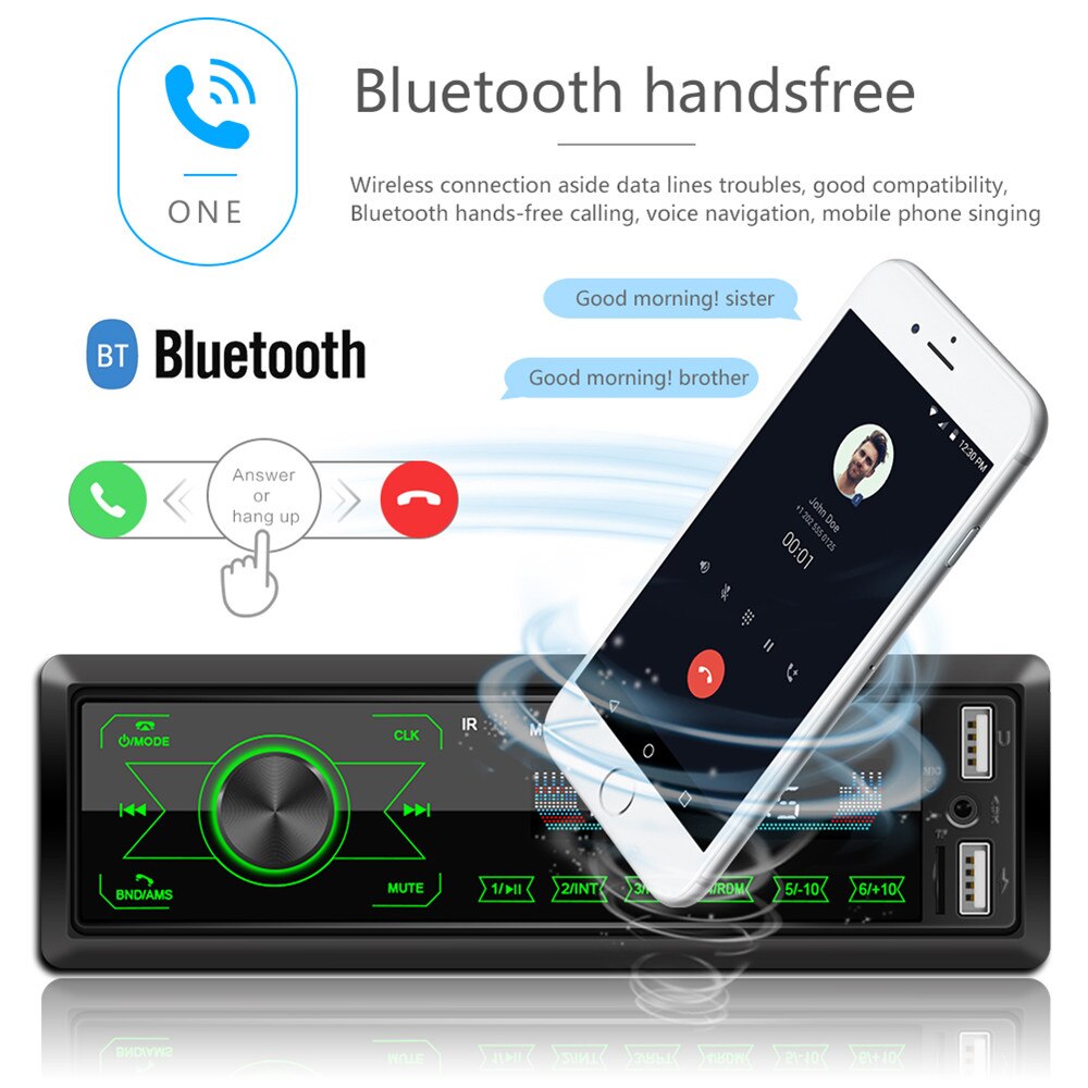 Radio con Bluetooth para coche, reproductor MP3 estéreo de 12V, 1DIN, receptor FM, Kit de manos libres, adaptador de música AUX/USB/tarjeta TF en el tablero, Puerto IOS