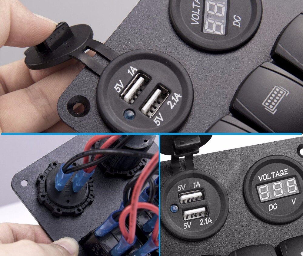 DC 12V-24V 3 Gang Toggle Rocker Switch Panel Waterproof Digital Voltmeter + Dual USB Power Charger Blue Led Light Control Panel