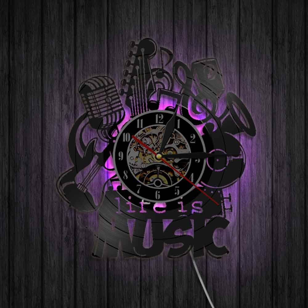 Horloge murale Vintage en vinyle avec musique Life Is, horloge murale, musique Antique, Vintage, enregistrement, maison, idée , LED 3D