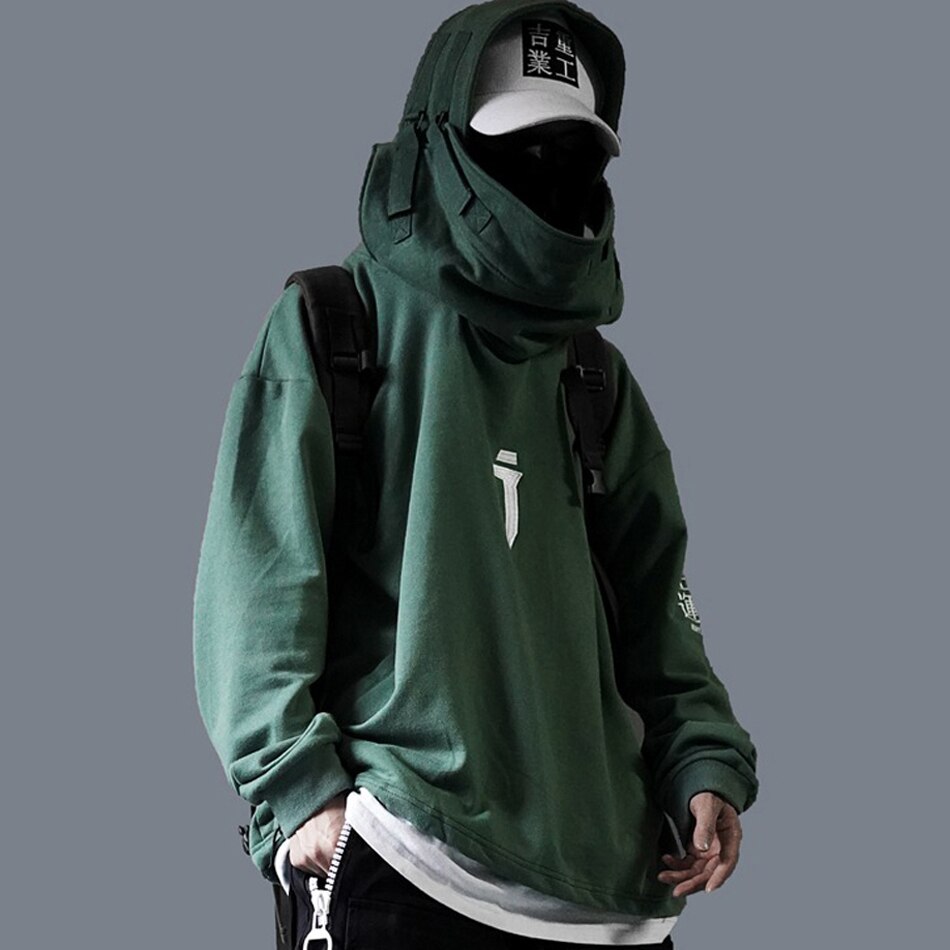 Autumn Men High Neck Fish Mouth Hoodie Japanese Harajuku Hip Hop Gothic Streetwear Sweatshirts Oversized Male Tops: Green / M