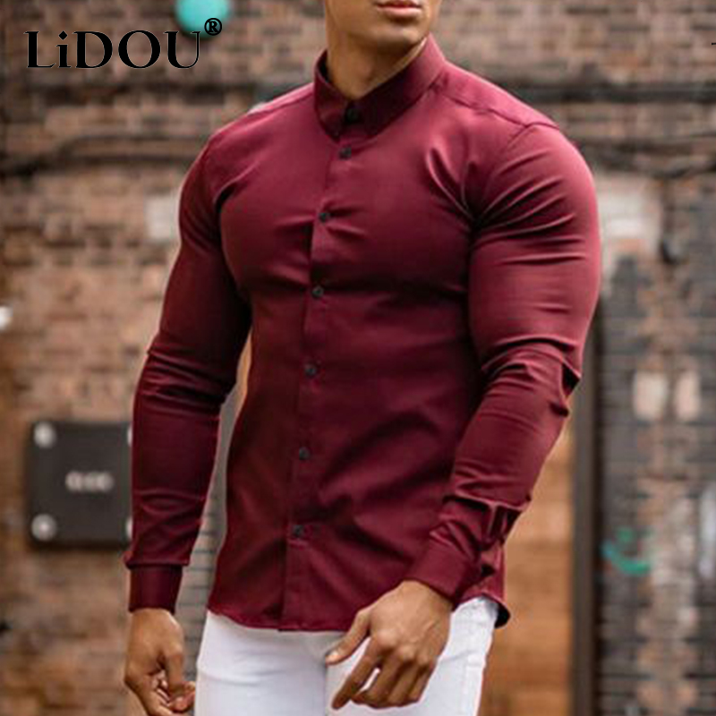 Spring Autumn Super Slim Fit Plain Bussiness Long Sleeve Men's Shirts Anti-wrinkle Muscle Polo Neck Solid Business Blouses Homme: XXL / Red