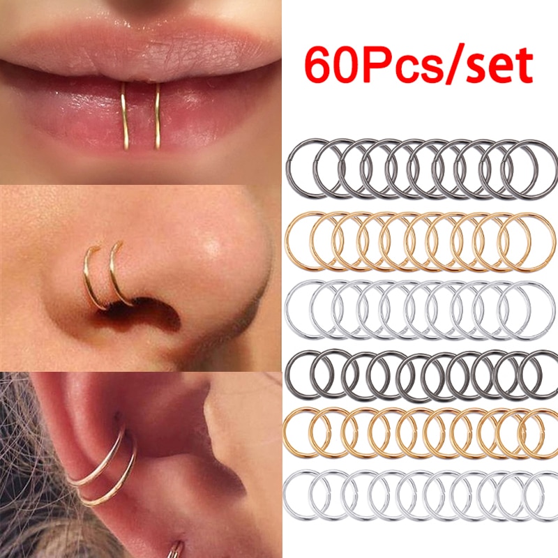 60 Pçs/set Nariz Anel Piercing Punk Ouro Prata Cor Handmade Minúsculo Nose Ring Hoop Septo Anéis de Nariz Piercing Jóias