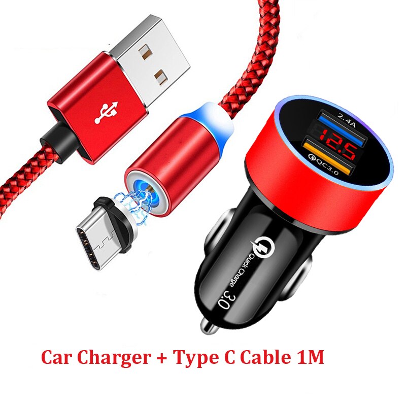 QC 3.0 Dual USB Quick Car Charger Magnetic Type C Cable For Samsung A50 A30 A21 A41 S8 S9 S10 Sony Xperia 10 XA1 Plus XA2 XZ3 L3: A Set of Red