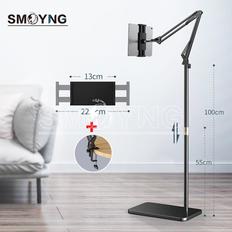 Smoyng 160Cm Schaalbare Flexibele Arm Floor Tablet Telefoon Standhouder Ondersteuning Voor 5-13 Inch Iphone Ipad Pro12.9 lounger Bed Mount: Black