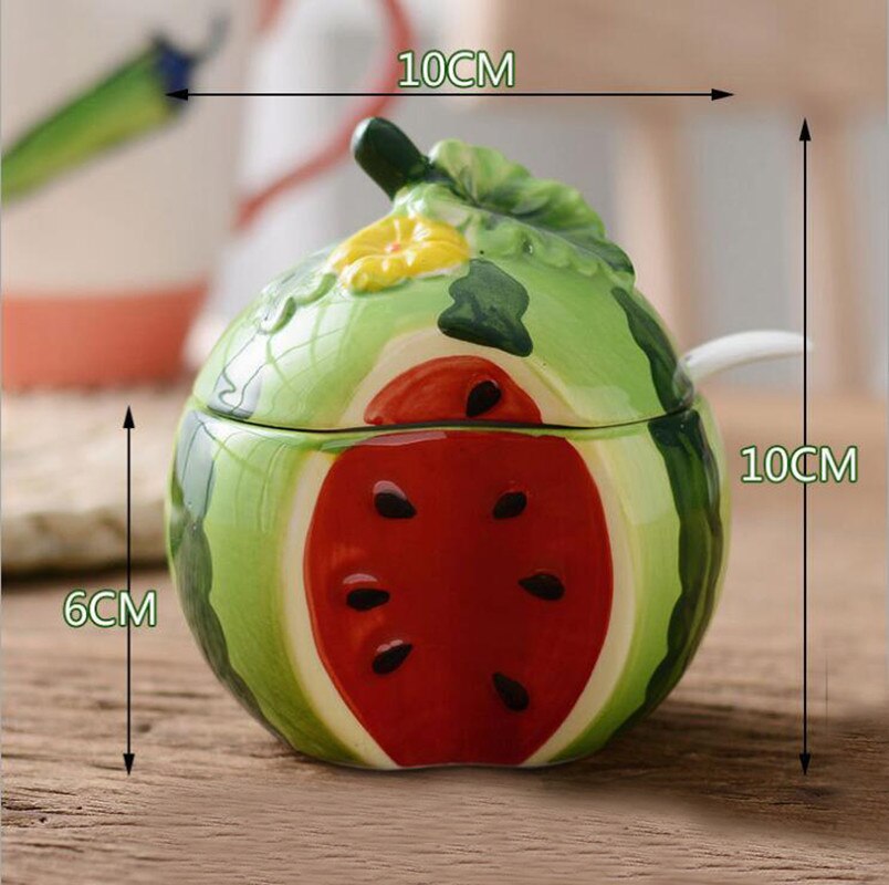 Botella de cerámica creativa para condimentos, tanque de almacenamiento con forma de fruta y melón, suministros de Decoración de cocina y , tazón de azúcar 08143: 1