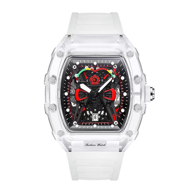 heren quartz horloge transparante behuizing siliconen band lichtgevende kalender polshorloges vrijetijdssportstijl quartz horloge voor heren: WHITE