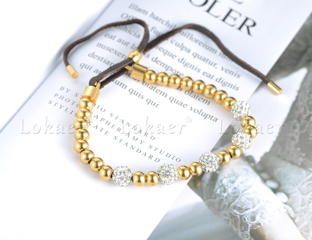 Lokaer Gold Color Round Beads With Rhinestone Beads Strand Bracelets Stainless Steel Adjustable Bracelet For Women B18024