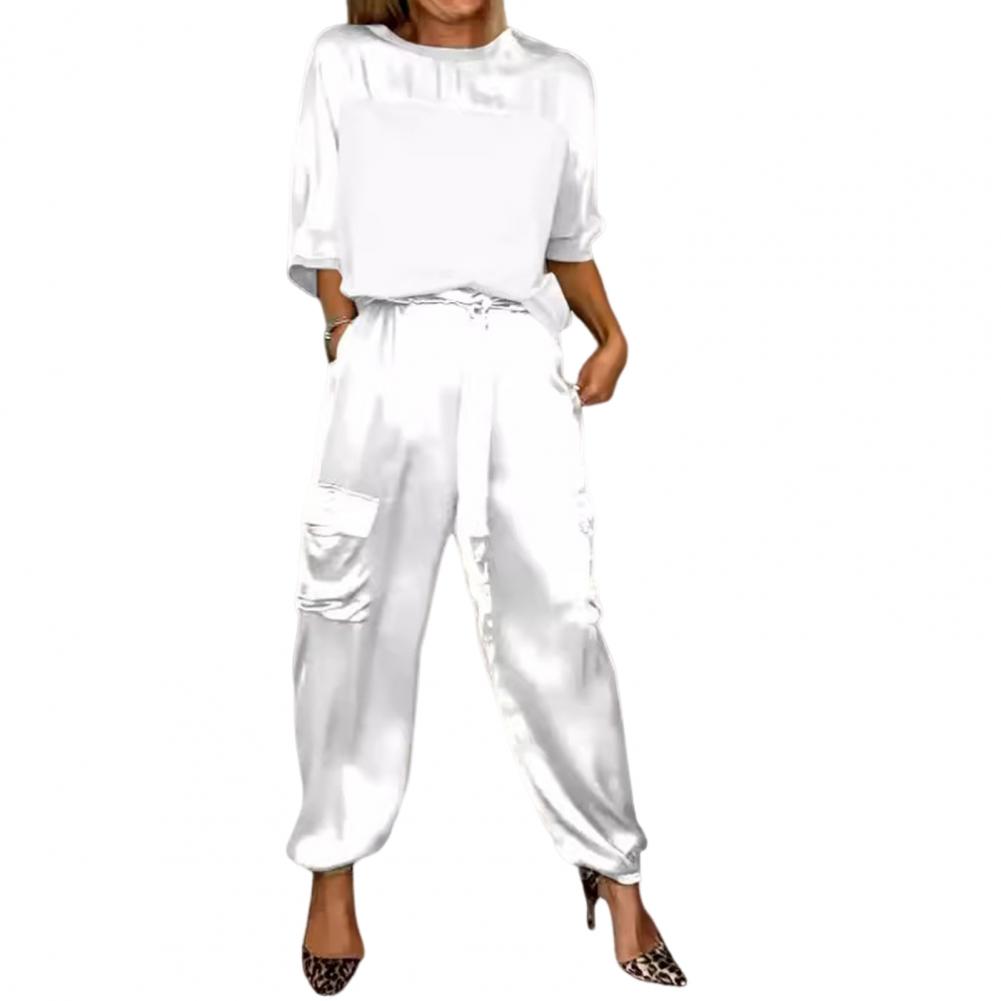 Women Two-piece Set Three-quarter Sleeve Suit Satin Women's Top Pants Set Lace-up Waist Women Casual Patchwork Suit: XXL / WHITE