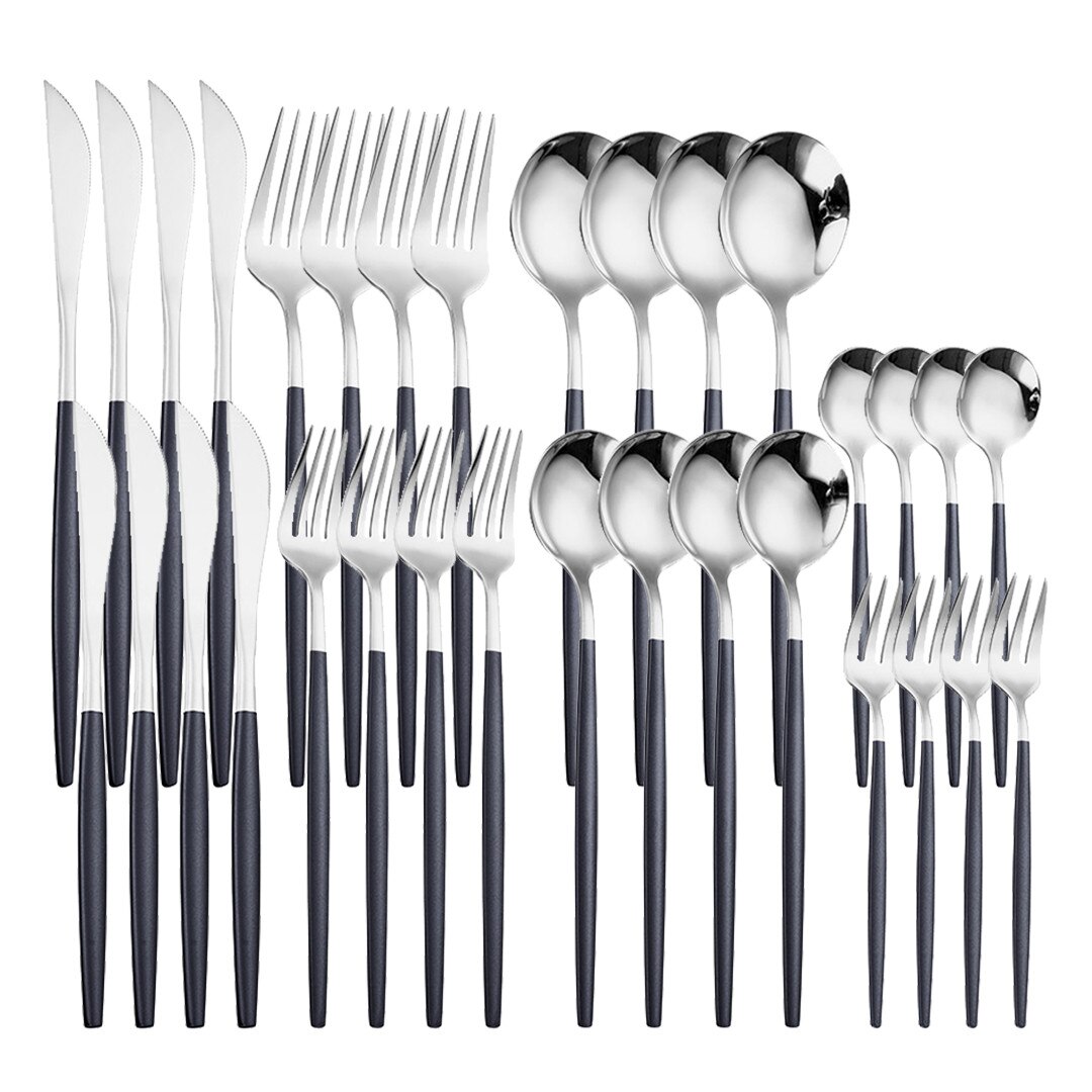 Pink Gold 32Pcs Cutlery Set Stainless Steel Dinnerware Mirror Resueable Luxury Home Knife Spoon Fork Tableware Set Flatware Set: black silver 4sets