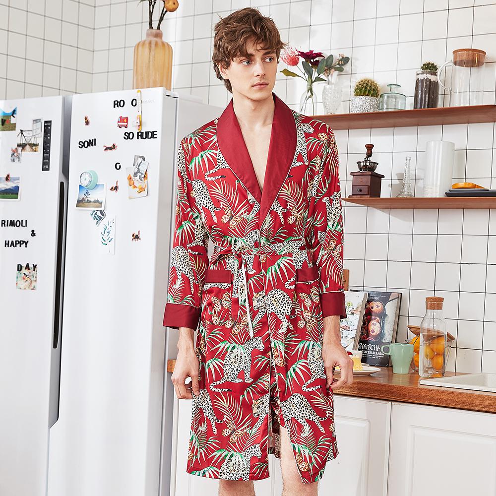 Silky Kimono Robe Bath Gown Chinese Male Long Sleepwear Animal Print Pajama Casual Rayon Robes Men Full Sleeve Nightwear