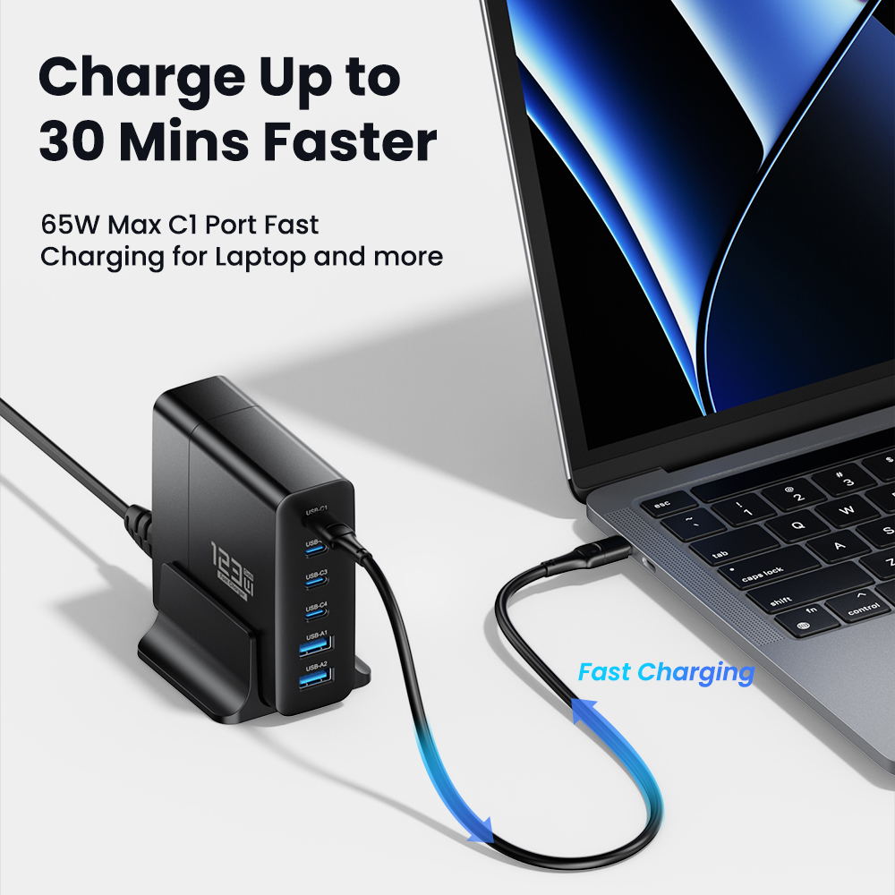 123W 6-poorts GaN-oplader PD snellader voor PD3.0 USB C 65W USB A 27W universeel voor iPhone Samsung telefoons tablets