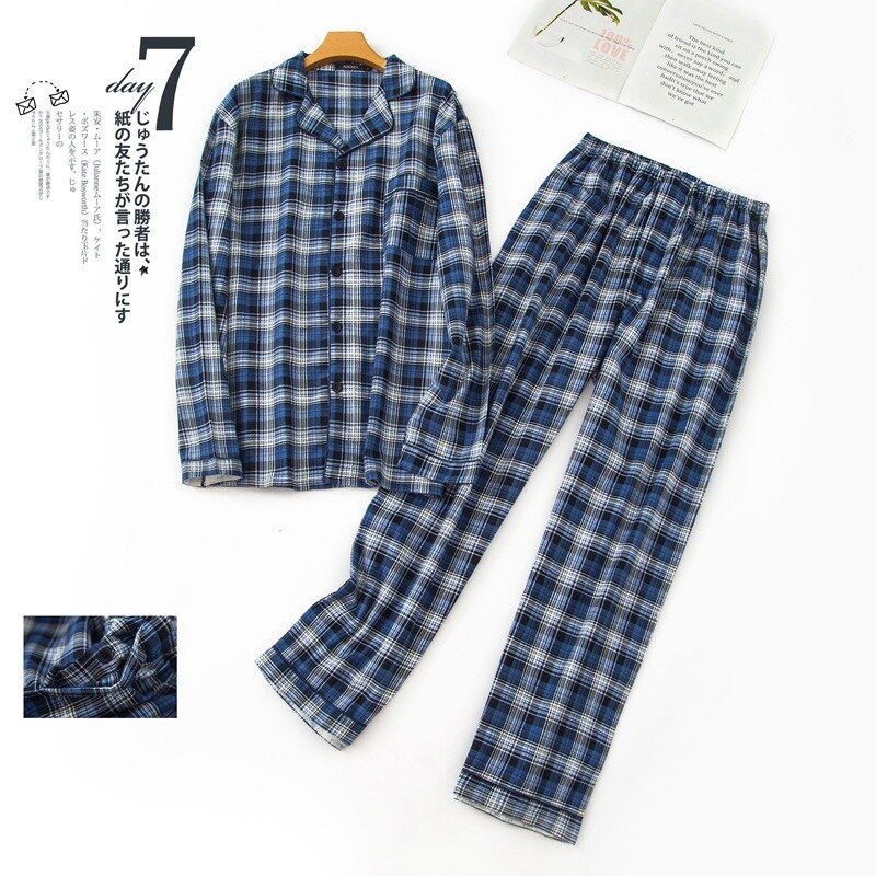 Man Herfst Winter Lange mouwen Broek Pyjama Set Vol Katoen Plaid Heren Pyjama Lange Slaap Nachtkleding mannen Slapen pyjama: Light blue / XL