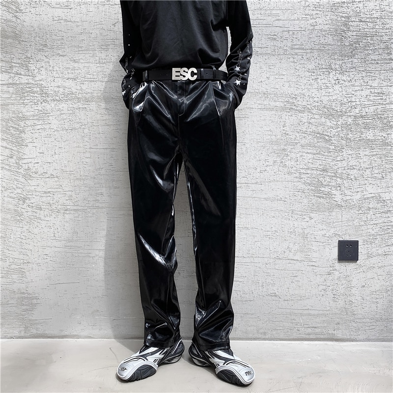 Mannelijke Vintage Streetwear Hip Hop Gothic Podium Modeshow Broek Mannen Heldere Leer Toevallige Rechte Broek