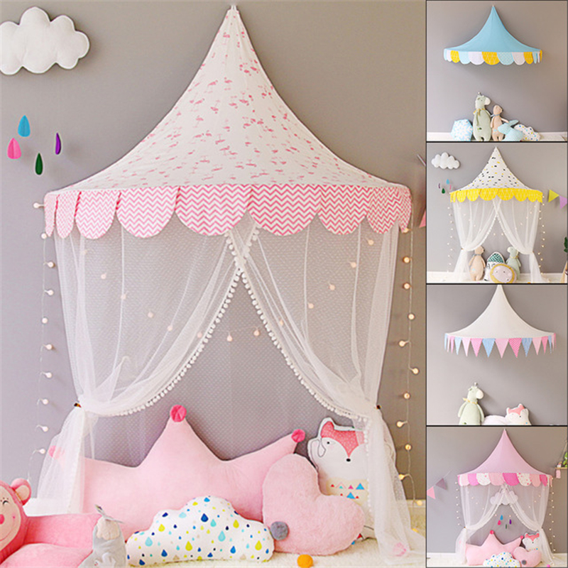 Rideau de canopée en dentelle blanche pour filles, Tipi de princesse rond pour enfants, tente de jeu, décoration de chambre, lit de bébé, filet de berceau suspendu