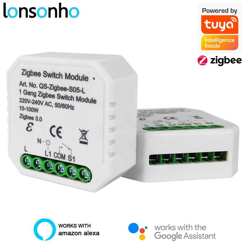 Lonsonho smart tuya zigbee switch relæmodul med / ingen neutral 1 2 gang 2- vejs trådløs kontrol kompatibel alexa google hjem