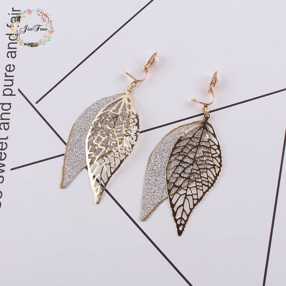 JIOFREE Gold Black Chic Jewelry Leaves Long Clip on Earrings Ear Wire Hooks For Women MultiLayer Hollow Earrings: Gold-color