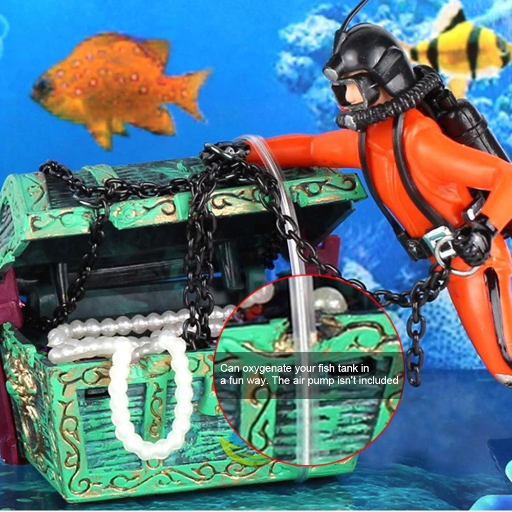 Aquarium Floating Diver Ornament Aquarium Decoration with Moving Treasure Chest Floating Diver Bubble Action