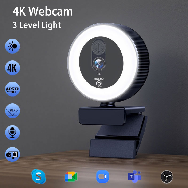 EXHQDR 4K/2K/1080P HD USB Plug & Play Webcam with 3‑Level Fill Light, Auto Focus, Built‑in Microphone, Type‑C Adapter & Tripod f