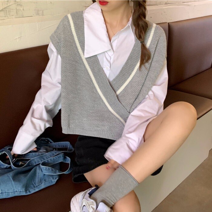 Tröja väst dam patchwork v-ringad enkelknapp snygg kontor dam koreanska ulzzang streetwear chic fritids ytterkläder: Grå