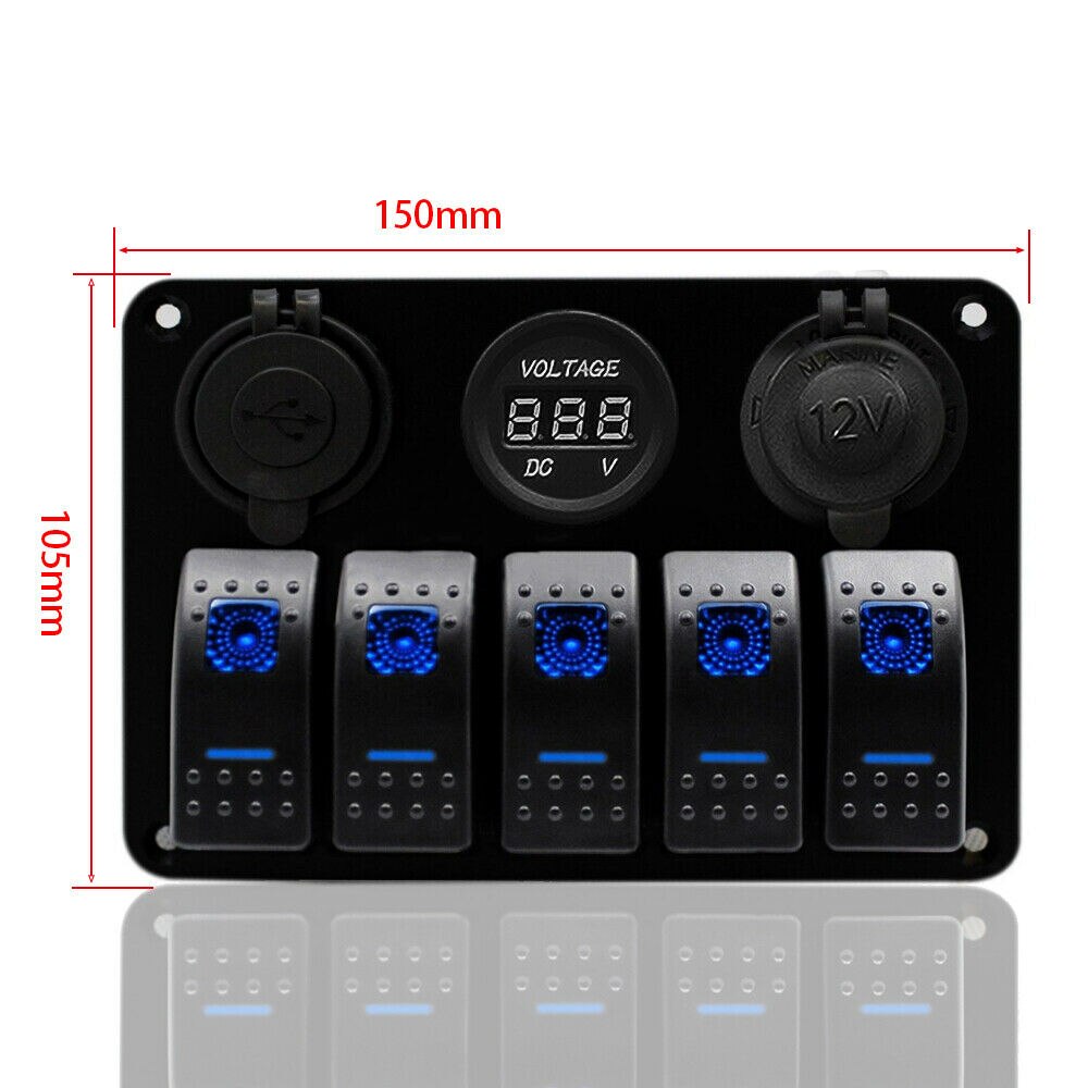12V 5 Gang LED Rocker Switch Panel Car Boat Marine With Voltmeter & Fuse Box Dual USB Slot Socket Digital Voltage Display