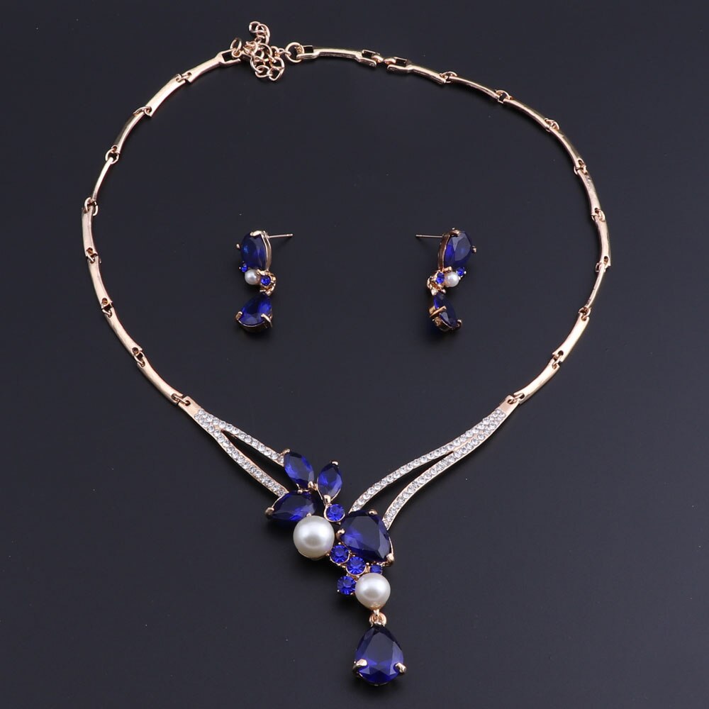 Bruidssieradenset met kristallen ketting en oorbellen, klassieke waterset voor dames, trouwsieraden: Blauw