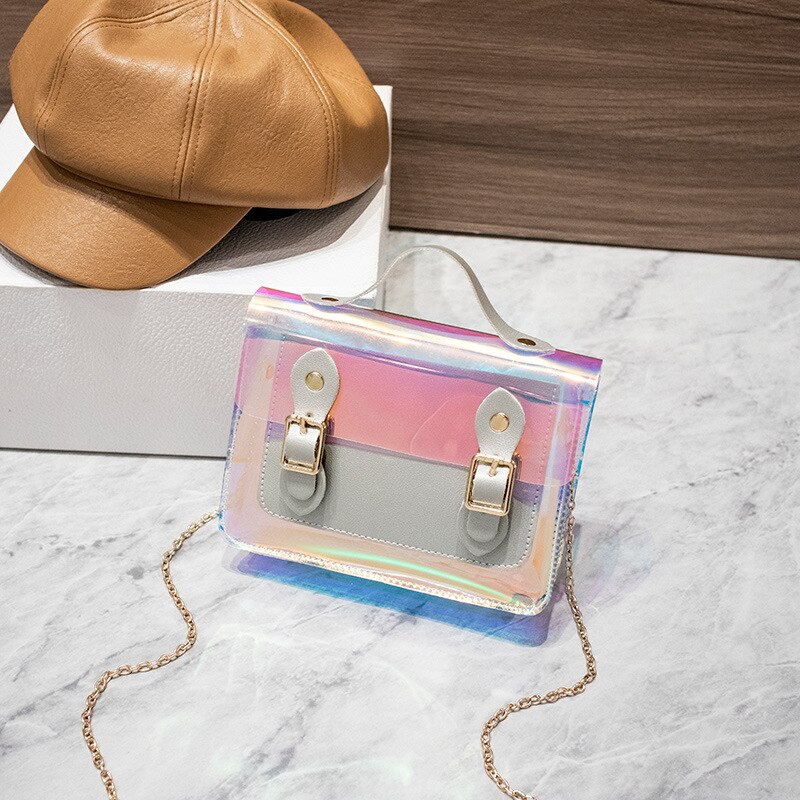 Ladies Shoulder Bag Double Buckle Sequined PVC Jelly Crossbody Square Bag Trendy Shoulder Diagonal Female Bag Summer Autumn: Silver