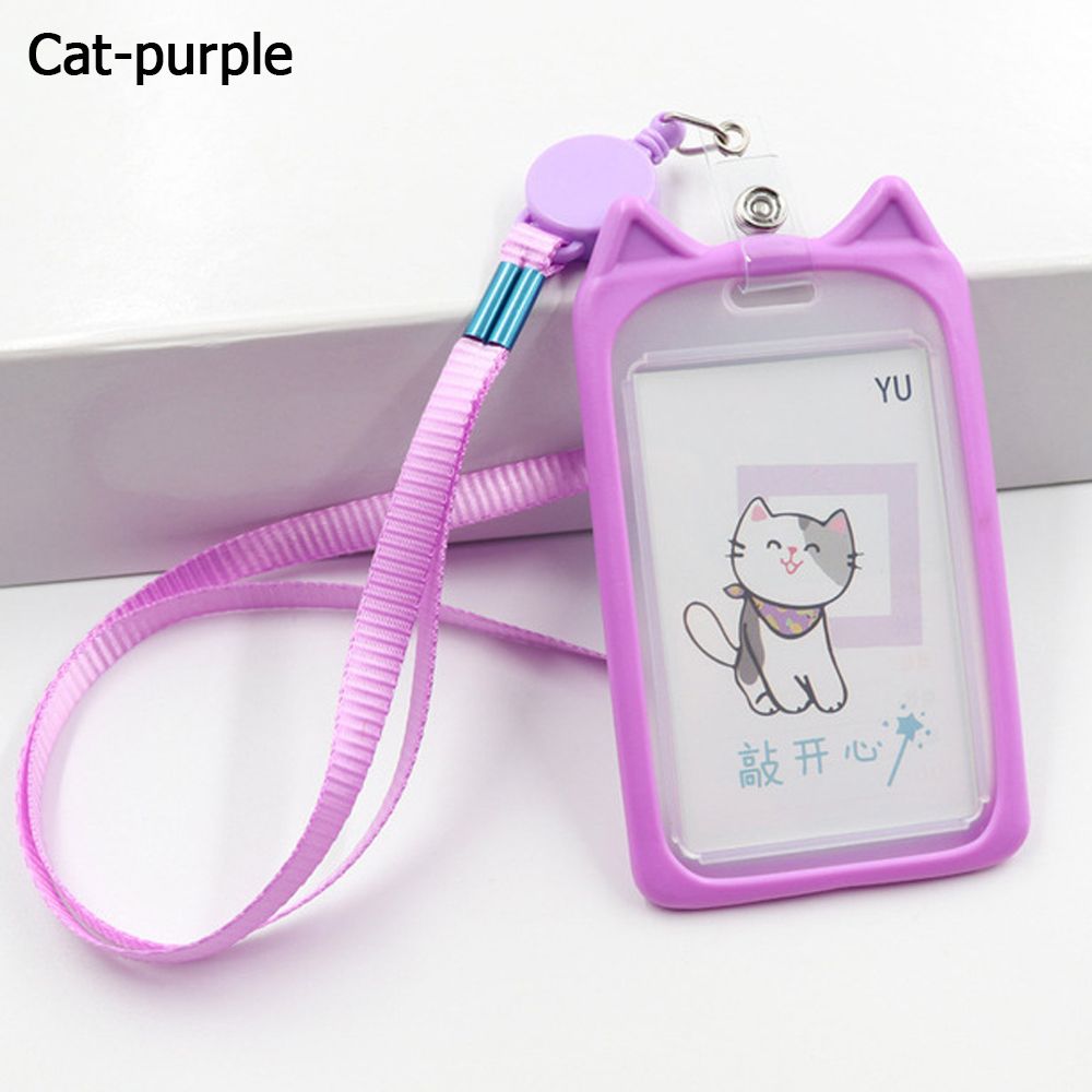 1PC uroczy kreskówkowy kot posiadacz karty banku tożsamości kartę komunikacji miejskiej dowód osobisty rękaw pokrowca z zwijacz smycz kredytowej pokrywy skrzynka dla dzieci prezent: purpurowy-kot