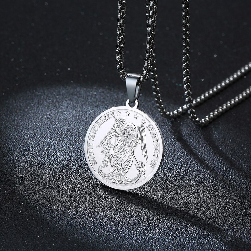 DEFEND US IN BATTLE SAINT MICHAEL MEDAL INSPIRATIONAL PENDANT FOR MEN STAINLESS STEEL SAINT MICHAEL PROTECT US NEKLACE 24INCH