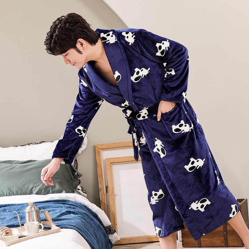 Xizou høst vinter herre pyjamas dyreprint langermet pyjamas nattmorgenkåpe mannlig flanell kimono badekåpe nattøy
